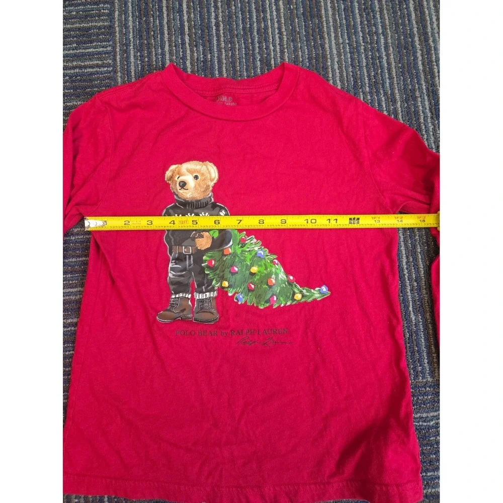 Polo Ralph Lauren Bear Long Sleeve T-Shirt Kids Size 7 Christmas Tree Red